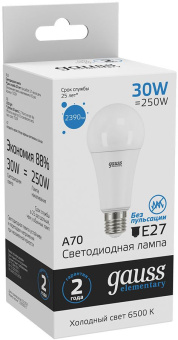 Лампа светодиодная Gauss Elementary A67 30Вт цок.:E27 груша 220B 6500K св.свеч.бел.хол. (упак.:1шт) (73239) - купить недорого с доставкой в интернет-магазине