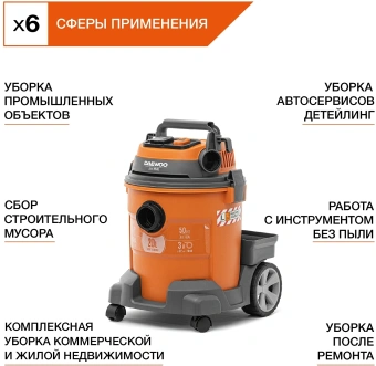 Строительный пылесос Daewoo DAVC 2014 1400Вт (уборка: сухая/сбор воды/выдув) оранжевый - купить недорого с доставкой в интернет-магазине