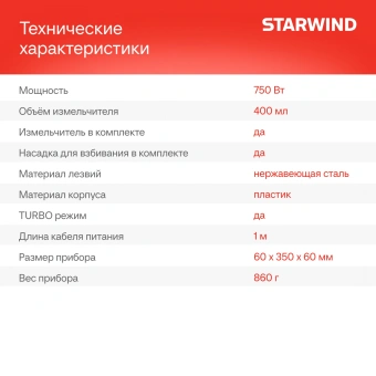 Блендер погружной Starwind SBP1113 750Вт белый/зеленый - купить недорого с доставкой в интернет-магазине