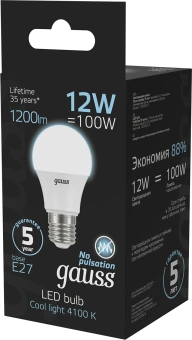 Лампа светодиодная Gauss A60 12Вт цок.:E27 груша 220B св.свеч.бел.нейт. A60 (упак.:1шт) (102502212) - купить недорого с доставкой в интернет-магазине