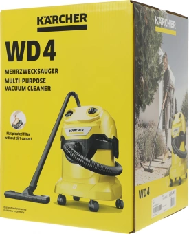 Строительный пылесос Karcher WD 4 V-20/5/22 1000Вт (уборка: сухая/сбор воды) желтый - купить недорого с доставкой в интернет-магазине