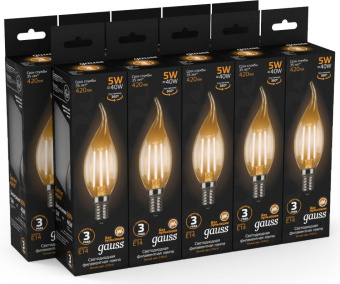 Лампа филам. Gauss Filament 5Вт цок.:E14 свеча 220B 2700K св.свеч.бел.теп. (упак.:10шт) (104801105) - купить недорого с доставкой в интернет-магазине