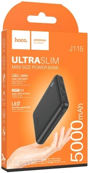 Мобильный аккумулятор Hoco J115 5000mAh 18.5W 2A 2xUSB-A черный - купить недорого с доставкой в интернет-магазине