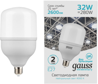 Лампа светодиодная Gauss Elementary T100 32Вт цок.:E27 цилин. 220B 6500K св.свеч.бел.хол. (упак.:1шт) (63233) - купить недорого с доставкой в интернет-магазине