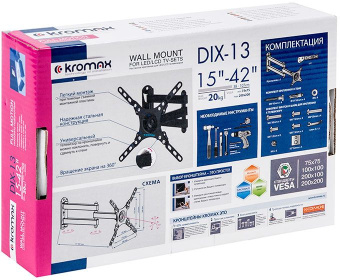 Кронштейн для телевизора Kromax DIX-13 черный 15"-42" макс.20кг настенный поворотно-выдвижной и наклонный - купить недорого с доставкой в интернет-магазине