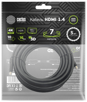 Кабель аудио-видео Cactus CS-HDMI.1.4-7 HDMI (m)/HDMI (m) 7м. Позолоченные контакты черный - купить недорого с доставкой в интернет-магазине