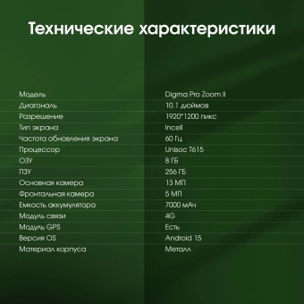 Планшет Digma Pro Zoom II T615 (1.8) 8C RAM8Gb ROM256Gb 10.1" IPS 1920x1200 4G Android 15 темно-серый 13Mpix 5Mpix BT WiFi microSD 1Tb 7000mAh 24hr 298hrs - купить недорого с доставкой в интернет-магазине
