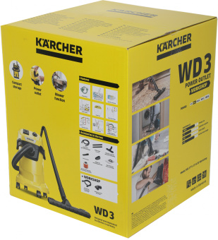 Строительный пылесос Karcher WD 3 P V-17/4/20 Workshop 1000Вт (уборка: сухая/сбор воды/выдув) желтый - купить недорого с доставкой в интернет-магазине