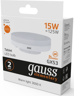 Лампа светодиодная Gauss Elementary GX53 15Вт цок.:GX53 таблетка 220B 3000K св.свеч.бел.теп. (упак.:1шт) (83815) - купить недорого с доставкой в интернет-магазине