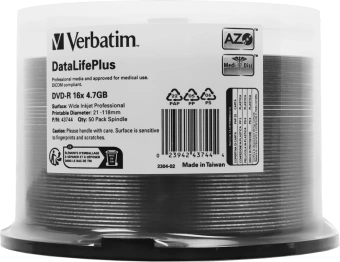 Диск DVD-R Verbatim 4.7Gb 16x Cake Box (50шт) Printable (43744) - купить недорого с доставкой в интернет-магазине