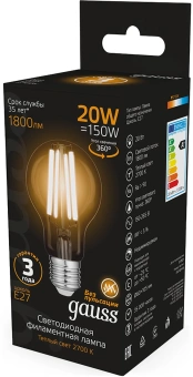 Лампа светодиодная Gauss Filament 102902120 20Вт цок.:E27 груша 220B св.свеч.бел.теп. (упак.:10шт) - купить недорого с доставкой в интернет-магазине