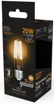 Лампа светодиодная Gauss Filament 102902120 20Вт цок.:E27 груша 220B св.свеч.бел.теп. (упак.:1шт) - купить недорого с доставкой в интернет-магазине