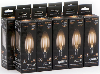 Лампа филам. Gauss 5Вт цок.:E14 свеча 220B св.свеч.бел.теп. C37 (упак.:10шт) (103801105) - купить недорого с доставкой в интернет-магазине