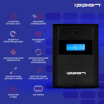 Источник бесперебойного питания Ippon Back Basic 1200 LCD Euro 600Вт 1200ВА черный - купить недорого с доставкой в интернет-магазине