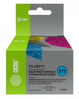 Картридж струйный Cactus CS-C8771 №177 голубой (11.4мл) для HP PS 3213/3313/8253/C5183/C6183/C6283/C7183/C7283/C8183/D7163/D7263/D7363/D7463 с чипом - купить недорого с доставкой в интернет-магазине