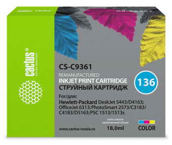 Картридж струйный Cactus CS-C9361 №136 многоцветный (18мл) для HP DJ 5443/D4163/DJ 6313/PS 2573/C3183/C4183/D5163/1513/1513s с чипом - купить недорого с доставкой в интернет-магазине