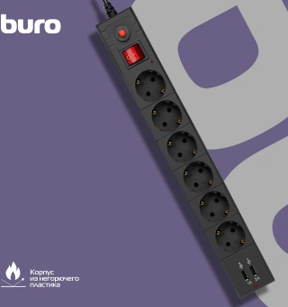 Сетевой фильтр Buro BU-SP1.8_USB_2A-B 1.8м (6 розеток) черный (коробка) - купить недорого с доставкой в интернет-магазине