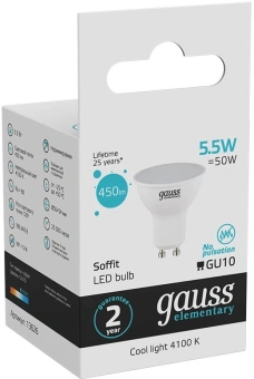 Лампа светодиодная Gauss 5.5Вт цок.:GU10 рефлек. 220B св.свеч.бел.нейт. MR16 (упак.:1шт) (13626) - купить недорого с доставкой в интернет-магазине
