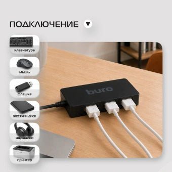 Разветвитель USB 2.0 Buro BU-HUB4-U2.0-Slim 4порт. черный - купить недорого с доставкой в интернет-магазине