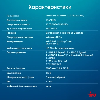 Ноутбук IRU Tactio 15ALG Core i5 1235U 16Gb SSD512Gb Intel UHD Graphics 15.6" IPS FHD (1920x1080) Windows 11 Pro 64 black WiFi BT Cam 4500mAh (2019269) - купить недорого с доставкой в интернет-магазине
