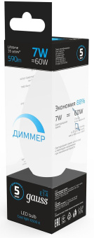 Лампа светодиодная Gauss 103101307-D 7Вт цок.:E14 свеча 150B 6500K св.свеч.бел.хол. (упак.:1шт) - купить недорого с доставкой в интернет-магазине