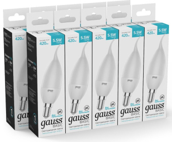 Лампа светодиодная Gauss Basic 1034116 5.5Вт цок.:E14 свеча 180B 3000K св.свеч.бел.теп. (упак.:10шт) - купить недорого с доставкой в интернет-магазине