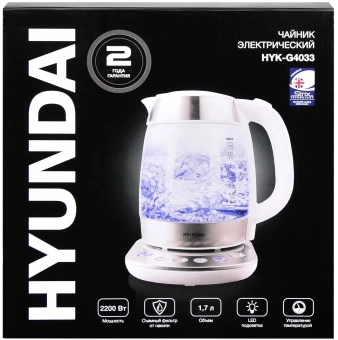 Чайник электрический Hyundai HYK-G4033 1.7л. 2200Вт белый/серебристый корпус: стекло - купить недорого с доставкой в интернет-магазине