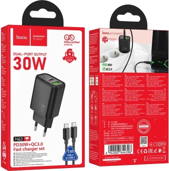 Сетевое зар./устр. Hoco N63 Gentle 30W 3A (PD+QC) черный (44396) - купить недорого с доставкой в интернет-магазине