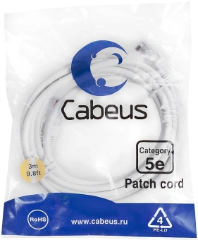 Патч-корд Cabeus PC-UTP-RJ45-CAT.5E-3M-WH U/UTP RJ-45 вил.-вилка RJ-45 кат.5E 3м белый ПВХ - купить недорого с доставкой в интернет-магазине