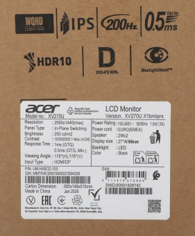 Монитор Acer 27" Nitro XV270UX1bmiiprx черный IPS LED 16:9 HDMI M/M матовая HAS Piv 1000:1 250cd 178гр/178гр 2560x1440 200Hz FreeSync Premium DP 2K 5.03кг - купить недорого с доставкой в интернет-магазине