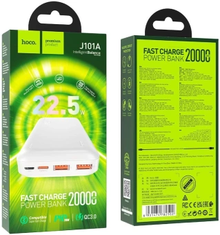 Мобильный аккумулятор Hoco J101A Astute 20000mAh QC3.0/PD2.0 22.5W 3A 2xUSB-A/USB-C белый (82502) - купить недорого с доставкой в интернет-магазине