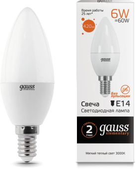 Лампа светодиодная Gauss Elementary 6Вт цок.:E14 свеча 220B 3000K св.свеч.бел.теп. C37 (упак.:1шт) (33116) - купить недорого с доставкой в интернет-магазине