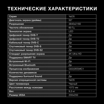 Телевизор LED Hyundai 50" H-LED50BU7003 Яндекс.ТВ Frameless черный 4K Ultra HD 60Hz DVB-T DVB-T2 DVB-C DVB-S DVB-S2 USB WiFi Smart TV - купить недорого с доставкой в интернет-магазине