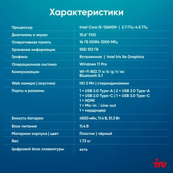 Ноутбук IRU Tactio 15ALG Core i5 12600H 16Gb SSD512Gb Intel Iris Xe graphics 15.6" IPS FHD (1920x1080) Windows 11 Pro 64 black WiFi BT Cam 4500mAh (2126372) - купить недорого с доставкой в интернет-магазине