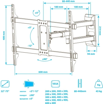 Кронштейн для телевизора Kromax CORBEL-10 титан 22"-75" макс.32кг настенный поворот и наклон - купить недорого с доставкой в интернет-магазине