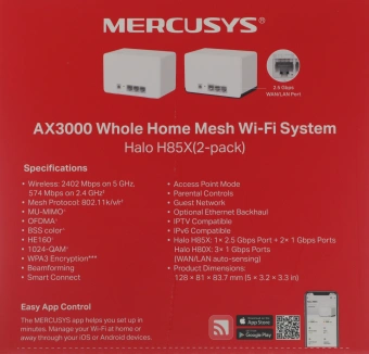 Бесшовный Mesh роутер Mercusys Halo H85X (HALO H85X(2-PACK)) AX3000 10/100/1000/2500BASE-T белый (упак.:2шт) - купить недорого с доставкой в интернет-магазине