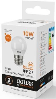 Лампа светодиодная Gauss Elementary 10Вт цок.:E27 шар 220B 3000K св.свеч.бел.теп. (упак.:10шт) (53210) - купить недорого с доставкой в интернет-магазине