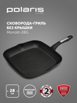 Сковорода-гриль Polaris Monolit 28G квадратная покрытие: антипригарное с керамической крошкой ручка несъемная (без крышки) черный (15264) - купить недорого с доставкой в интернет-магазине