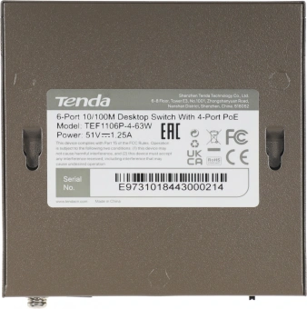 Коммутатор Tenda TEF1106P-4-63W (L2) 6x100Мбит/с 4PoE 63W неуправляемый - купить недорого с доставкой в интернет-магазине