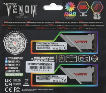 Память DDR5 2x16GB 6800MHz Patriot PVVR532G680C34K Viper Venom RGB RTL Gaming PC5-54400 CL34 DIMM 288-pin 1.4В kit с радиатором Ret - купить недорого с доставкой в интернет-магазине