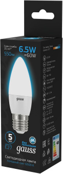Лампа светодиодная Gauss 103102307 6.5Вт цок.:E27 свеча 220B св.свеч.бел.хол. (упак.:10шт) - купить недорого с доставкой в интернет-магазине