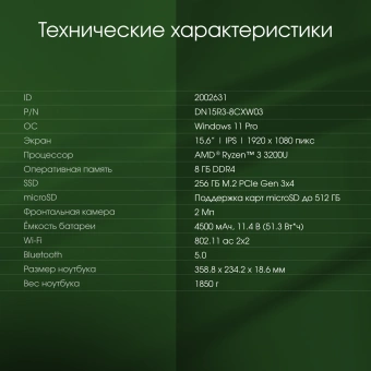 Ноутбук Digma Pro Parvus M Ryzen 3 3200U 8Gb SSD256Gb AMD Radeon 15.6" IPS FHD (1920x1080) Windows 11 Professional dk.grey WiFi BT Cam 4500mAh (DN15R3-8CXW03) - купить недорого с доставкой в интернет-магазине
