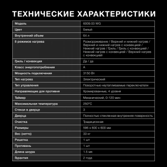 Духовой шкаф Электрический Hyundai 6009.03 WG белый стекло - купить недорого с доставкой в интернет-магазине