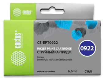 Картридж струйный Cactus CS-EPT0922 T0922 голубой (6.6мл) для Epson Stylus C91/CX4300/T26/T27/TX106/TX109/TX117/TX119 - цена, купить или заказать с доставкой в интернет-магазине Картридж струйный Cactus CS-EPT0922 T0922 голубой (6.6мл) для Epson Stylus C91/CX4300/T26/T27/TX106/TX109/TX117/TX119 - купить недорого с доставкой в интернет-магазине