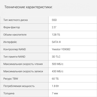 Накопитель SSD Digma SATA-III 128GB DGSR2128GY23T Run Y2 2.5" - купить недорого с доставкой в интернет-магазине