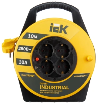 Удлинитель силовой IEK Industrial (WKP14-10-04-10) 3x1.0кв.мм 4розет. 10м ПВС 10A катушка желтый - купить недорого с доставкой в интернет-магазине