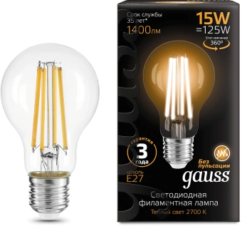 Лампа светодиодная Gauss Filament 102902115 15Вт цок.:E27 груша 220B св.свеч.бел.теп. (упак.:10шт) - купить недорого с доставкой в интернет-магазине