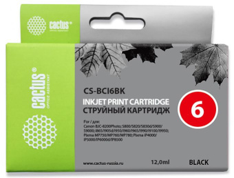 Картридж струйный Cactus CS-BCI6BK черный (12мл) для Canon i905D/i950S/i960x/i965/i990/i9100/i9950/S800/S820/S900/S9000/iP600D/iP8500/JX500/MP750/MP760/BJC-8200 - купить недорого с доставкой в интернет-магазине