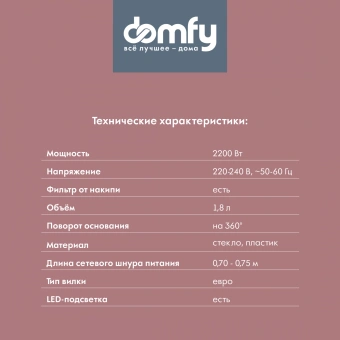 Чайник электрический Domfy DSM-EK401 1.8л. 2200Вт черный/прозрачный корпус: стекло/пластик - купить недорого с доставкой в интернет-магазине