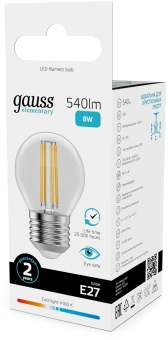 Лампа филам. Gauss Filament 8Вт цок.:E27 шар св.свеч.бел.нейт. (упак.:10шт) (52228) - купить недорого с доставкой в интернет-магазине